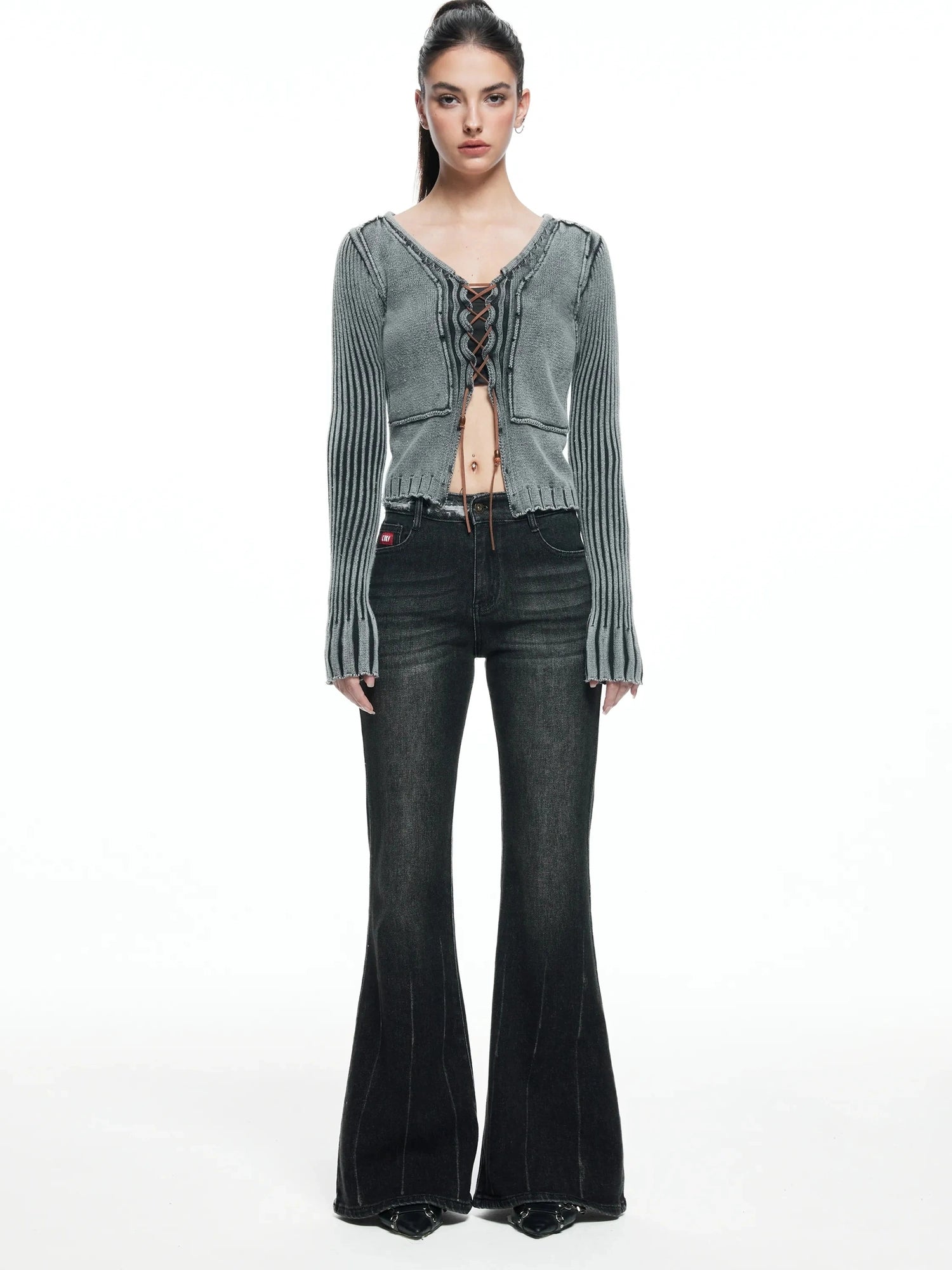 kvkv Vintage Washed Wool Knit Cardigan V-neck Long Sleeve