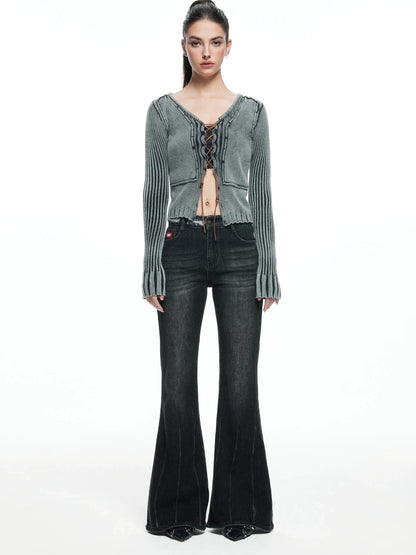 kvkv Vintage Washed Wool Knit Cardigan V-neck Long Sleeve