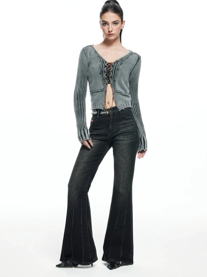 kvkv Vintage Washed Wool Knit Cardigan V-neck Long Sleeve