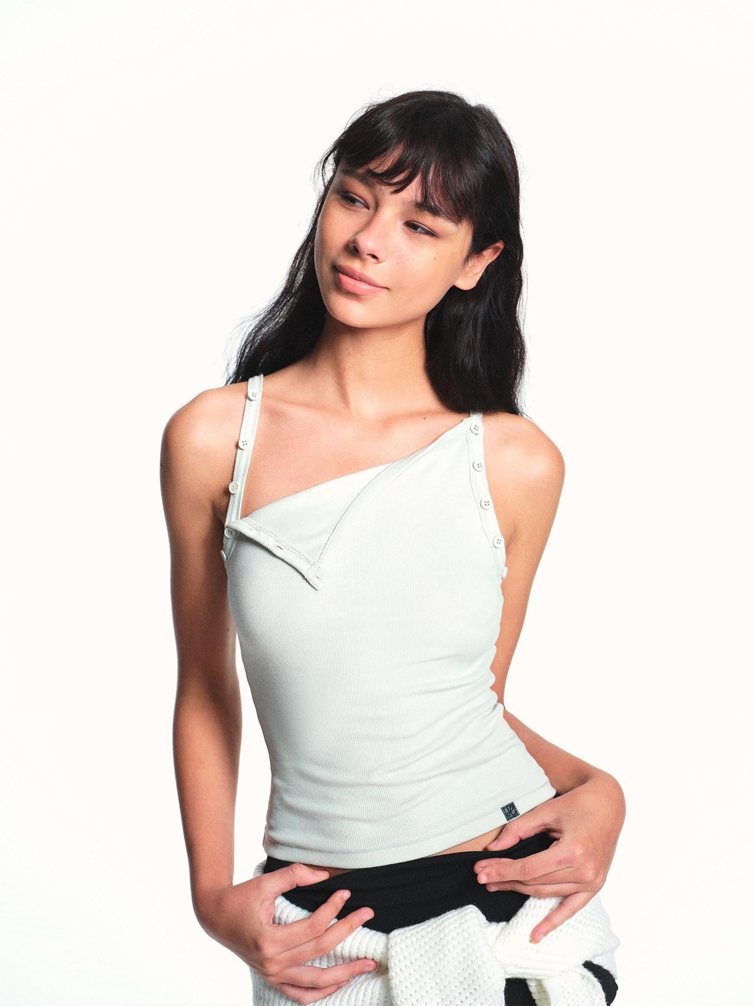 kvkv White Aqua Detachable Buttons Ribbed Convertible Women&