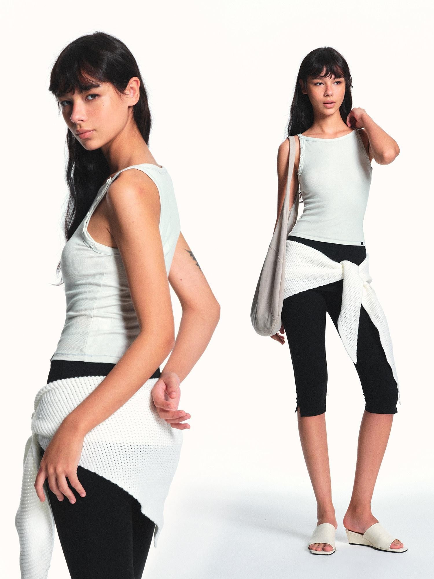 kvkv White Aqua Detachable Buttons Ribbed Convertible Women&