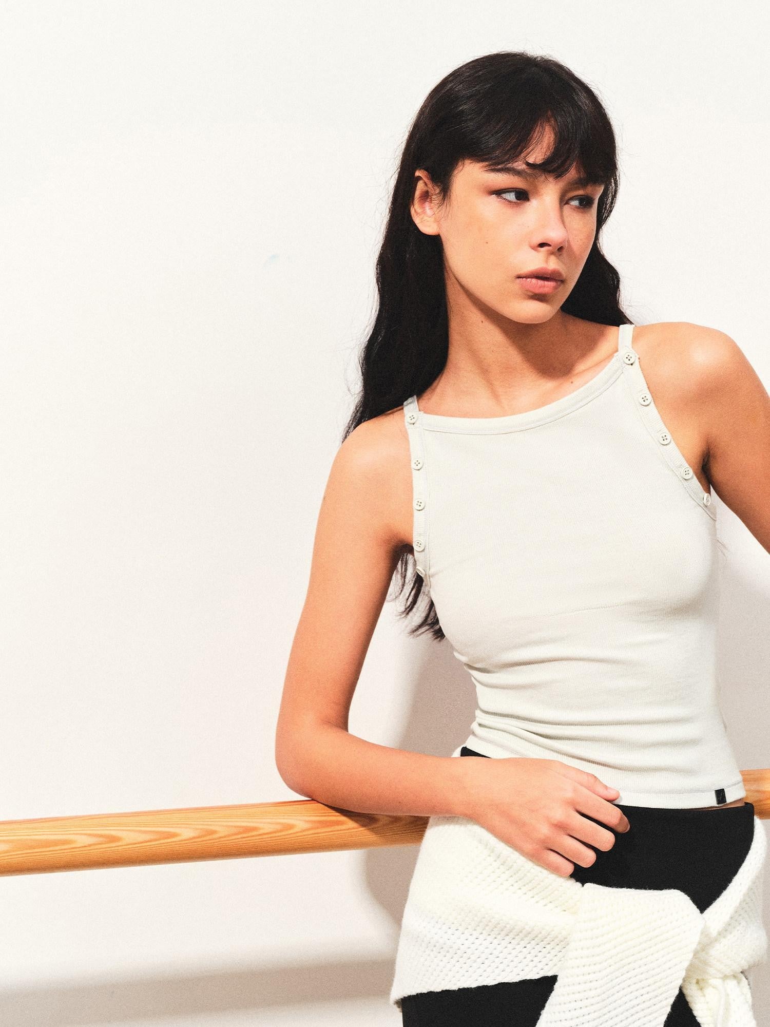 kvkv White Aqua Detachable Buttons Ribbed Convertible Women&