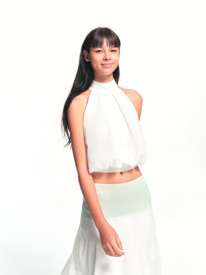 kvkv White Halter Neck Flower Bud Women&