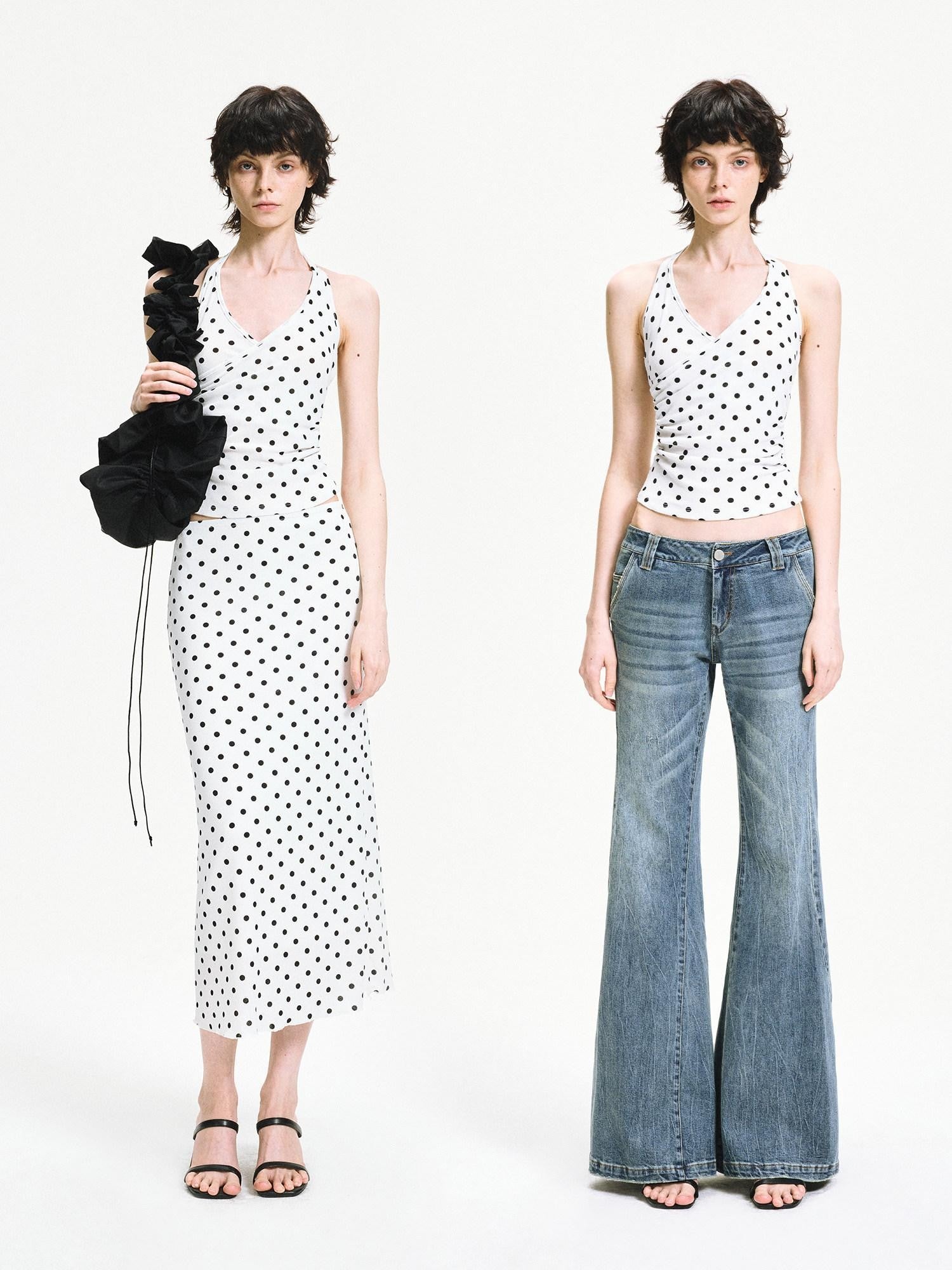 kvkv White Polka Dot Halter Tie Back Slim Women&