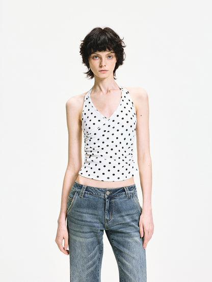 kvkv White Polka Dot Halter Tie Back Slim Women&