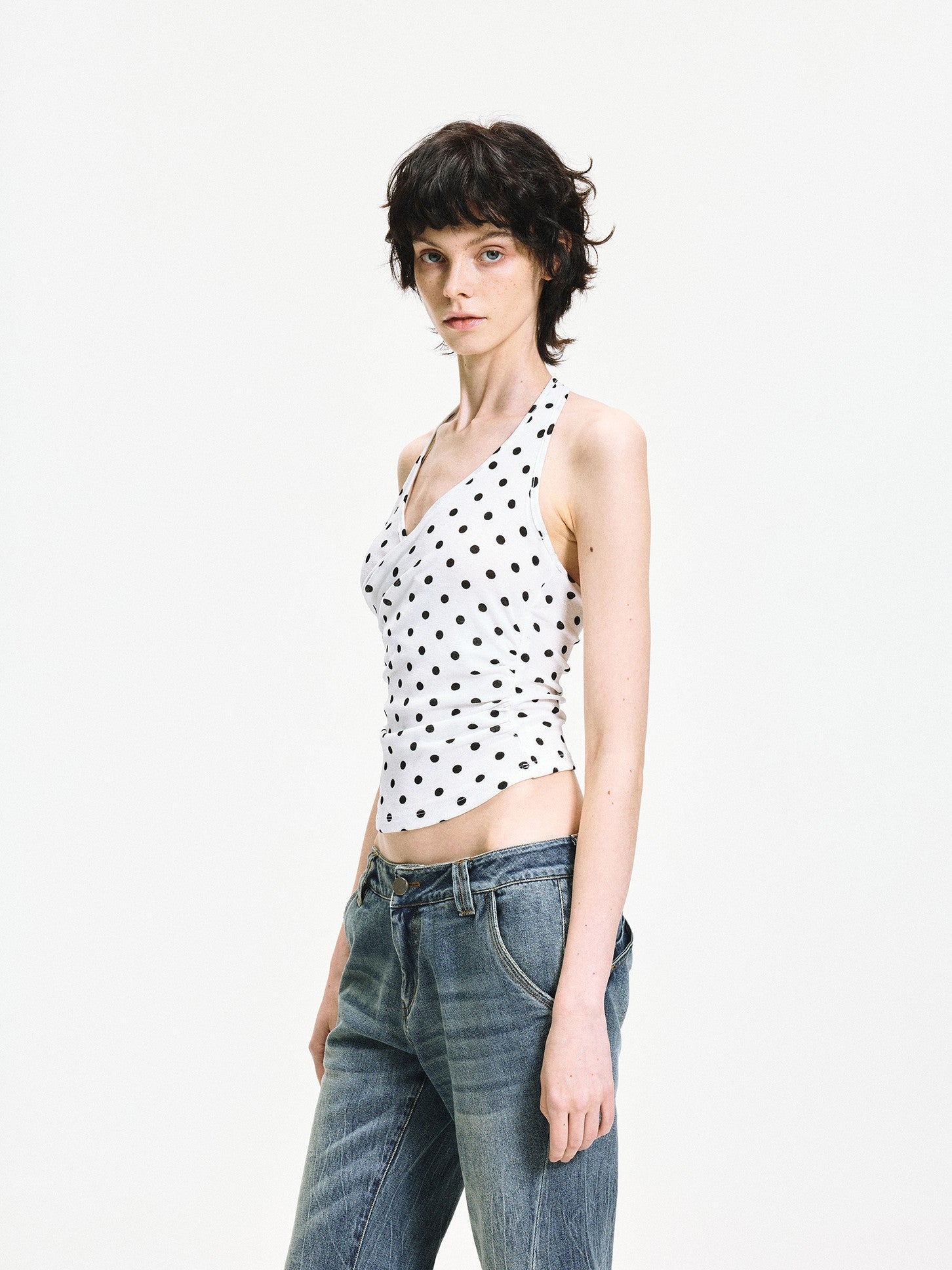 kvkv White Polka Dot Halter Tie Back Slim Women&