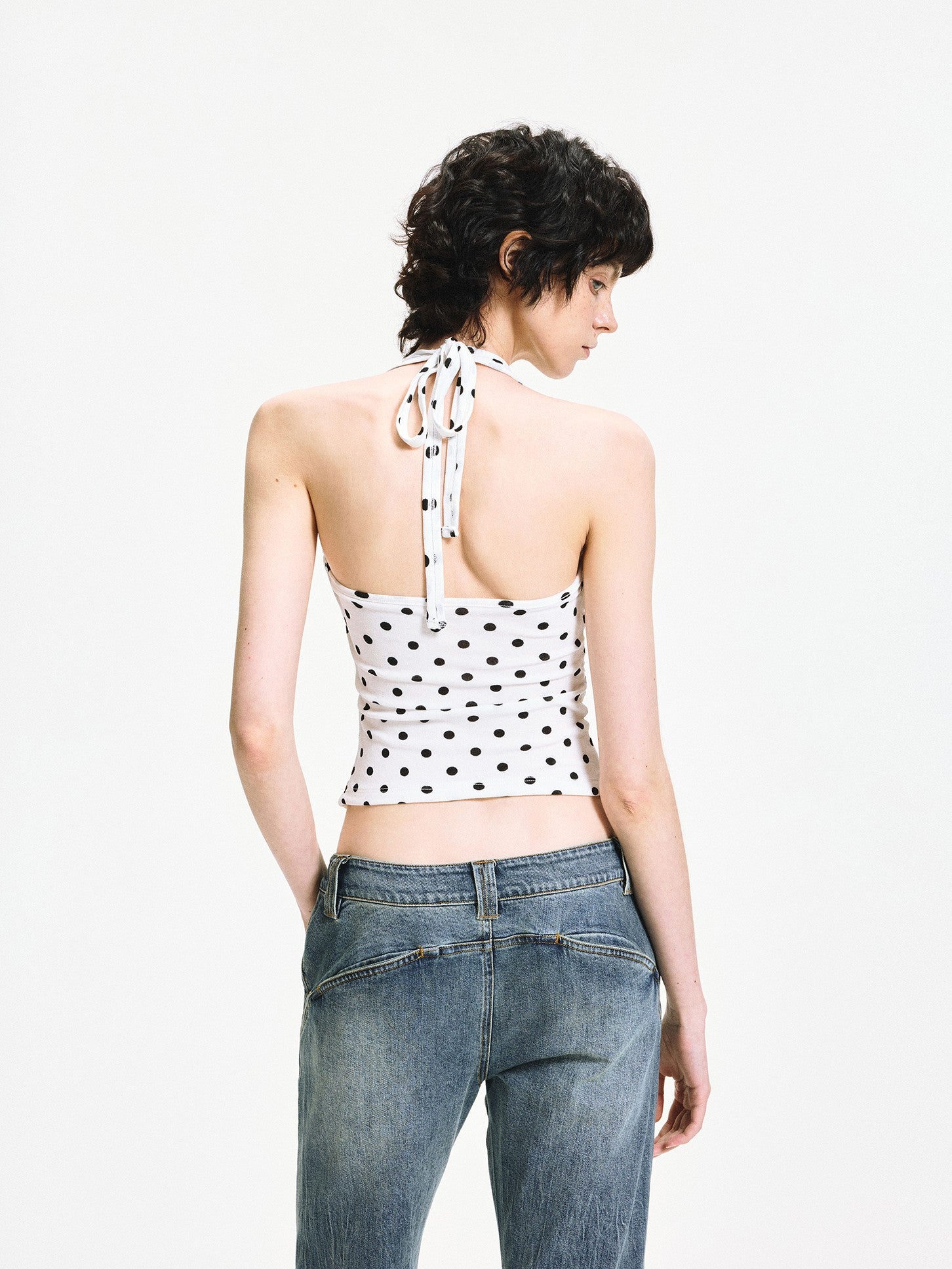 kvkv White Polka Dot Halter Tie Back Slim Women&