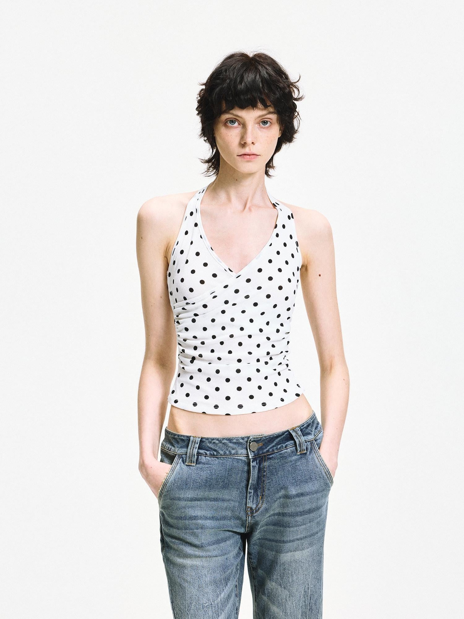 kvkv White Polka Dot Halter Tie Back Slim Women&