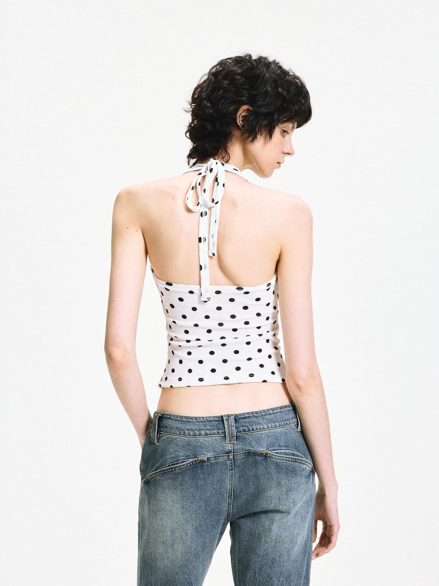 kvkv White Polka Dot Halter Tie Back Slim Women&