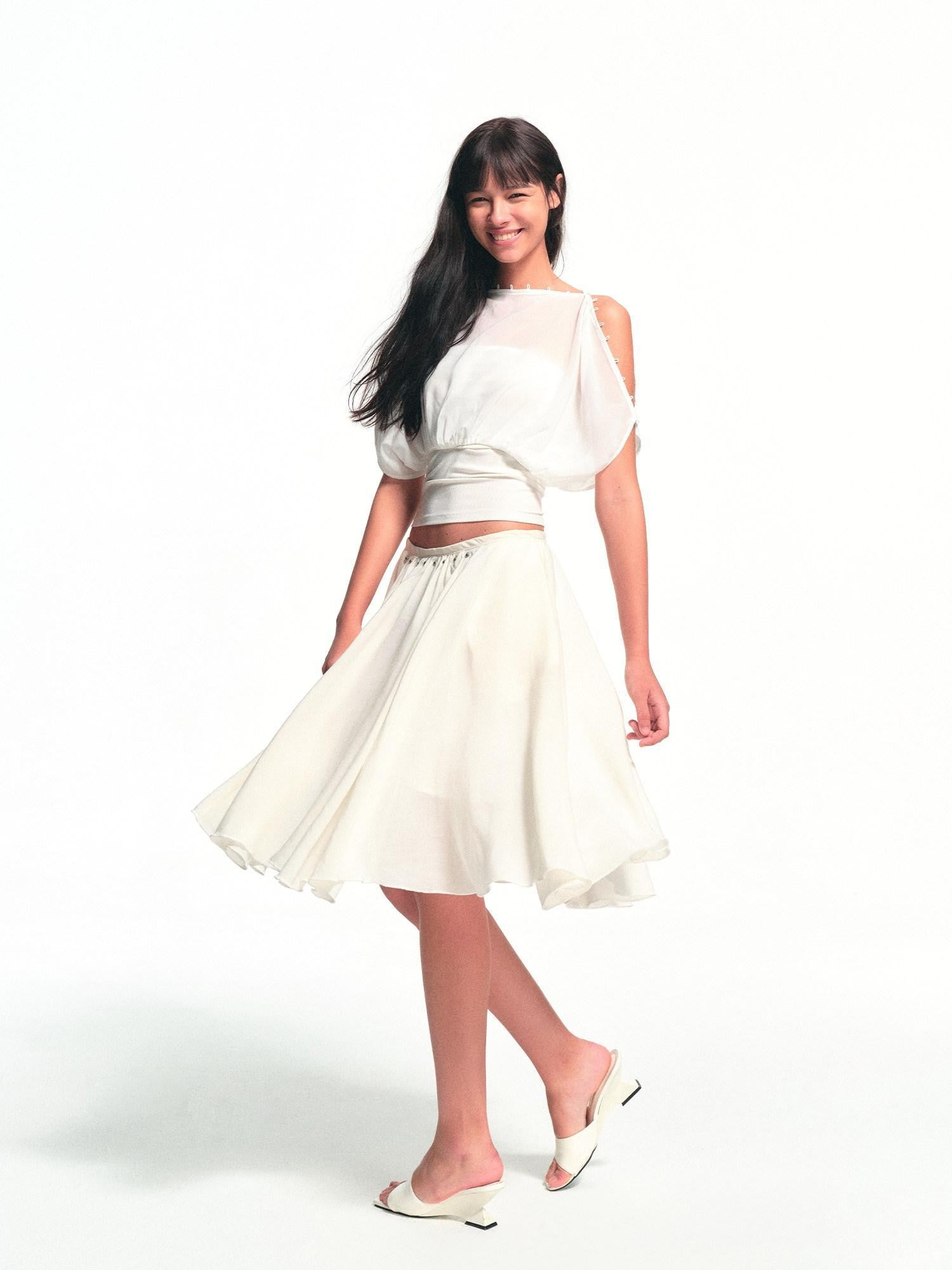 kvkv White Textured Pleated Layered Studded Women&