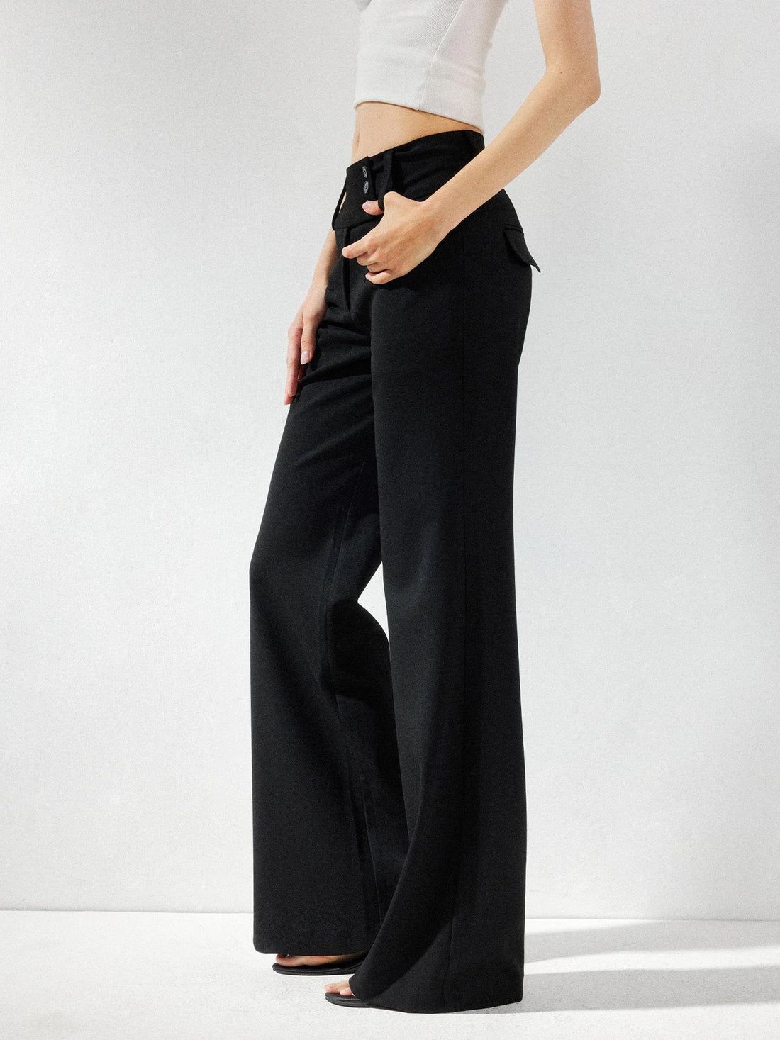 kvkv Wide Waistband Button Detail Textured Stretch Trousers