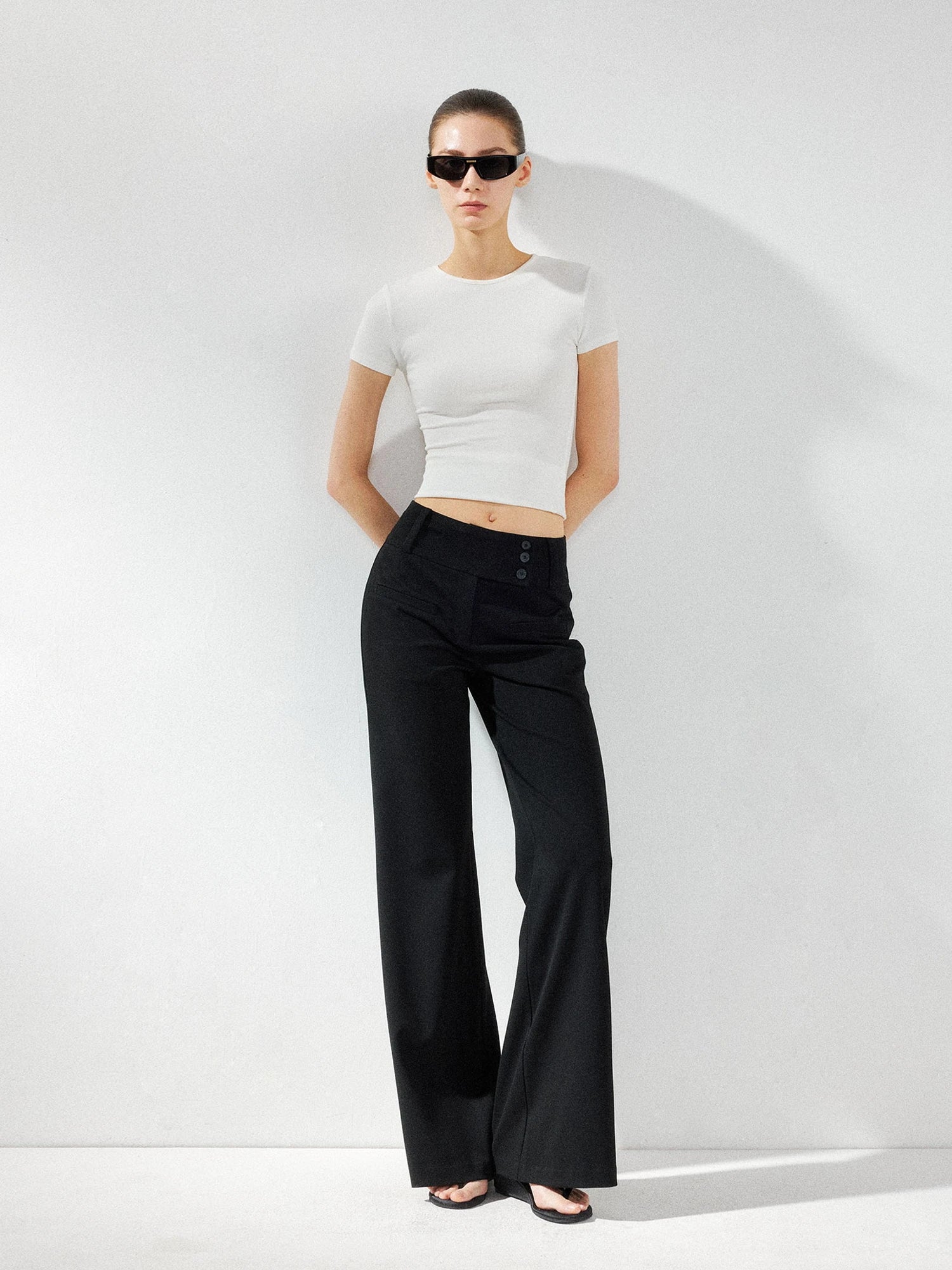 kvkv Wide Waistband Button Detail Textured Stretch Trousers