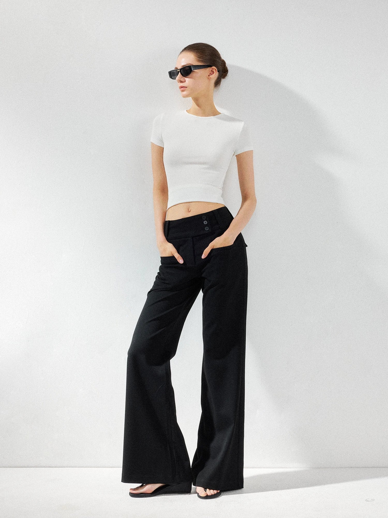 kvkv Wide Waistband Button Detail Textured Stretch Trousers