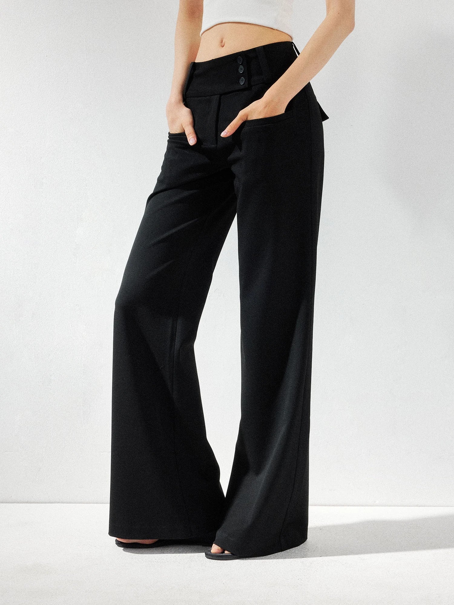 kvkv Wide Waistband Button Detail Textured Stretch Trousers