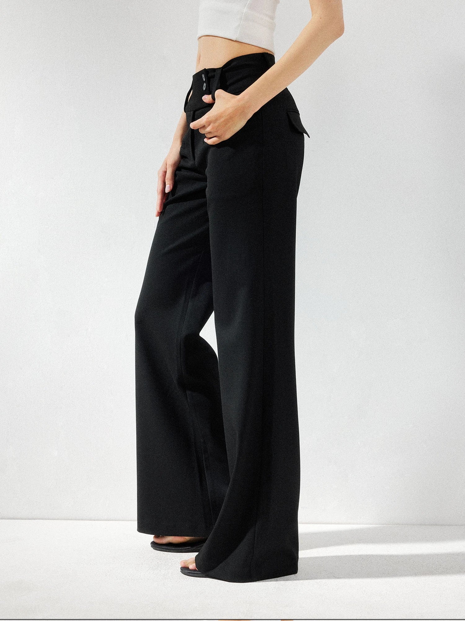 kvkv Wide Waistband Button Detail Textured Stretch Trousers