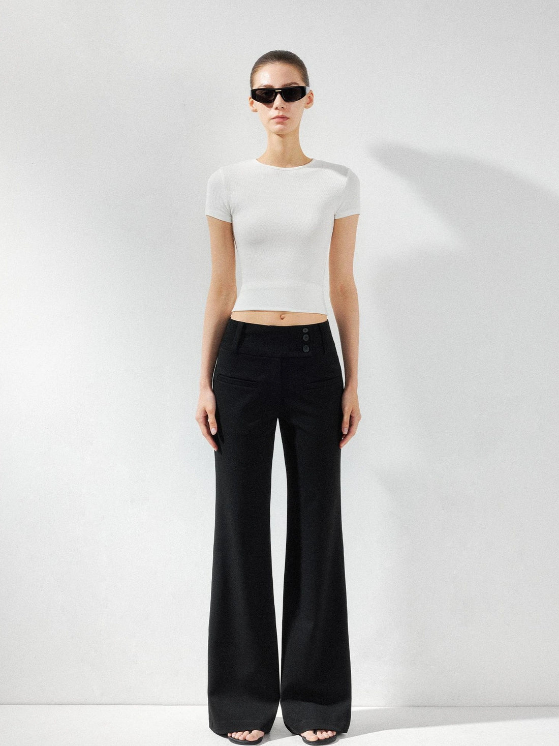 kvkv Wide Waistband Button Detail Textured Stretch Trousers