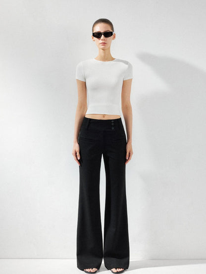 kvkv Wide Waistband Button Detail Textured Stretch Trousers