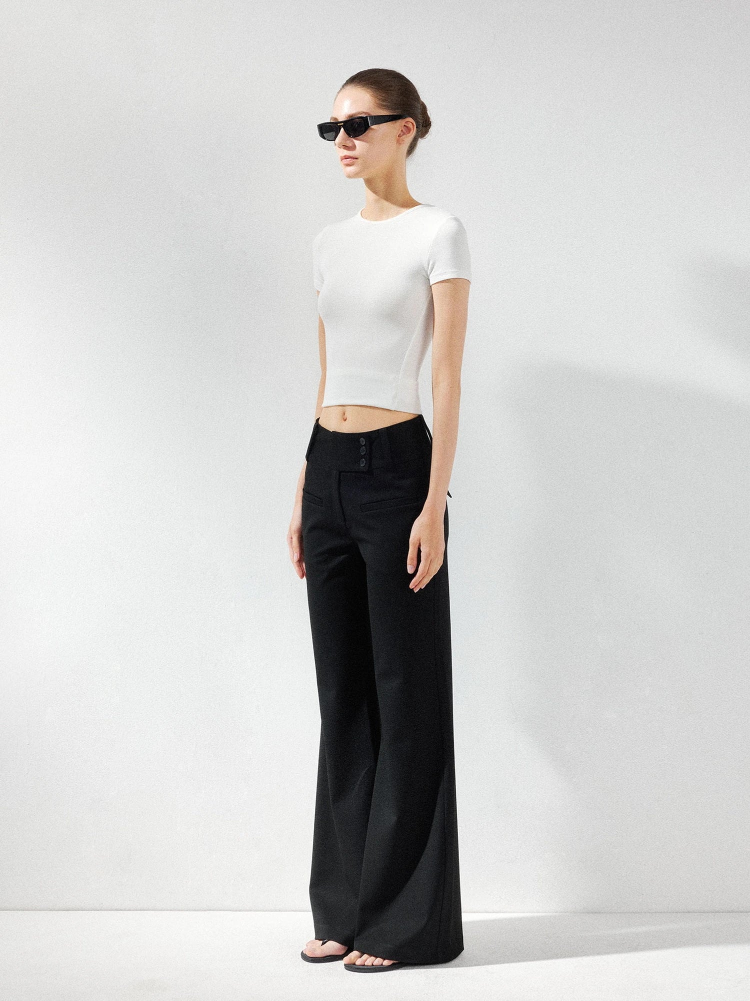 kvkv Wide Waistband Button Detail Textured Stretch Trousers