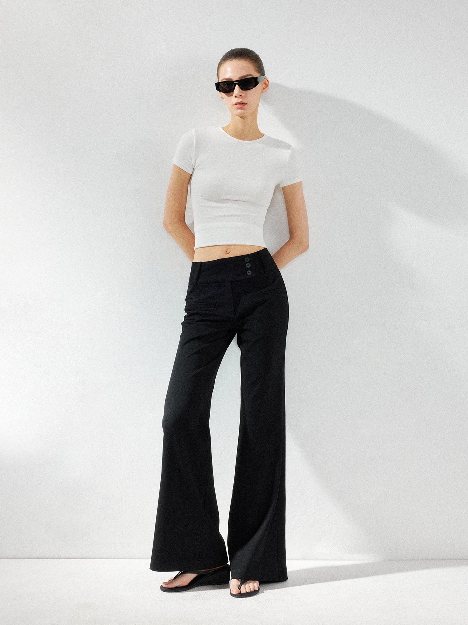 kvkv Wide Waistband Button Detail Textured Stretch Trousers