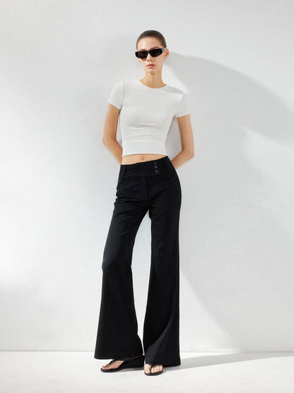 kvkv Wide Waistband Button Detail Textured Stretch Trousers