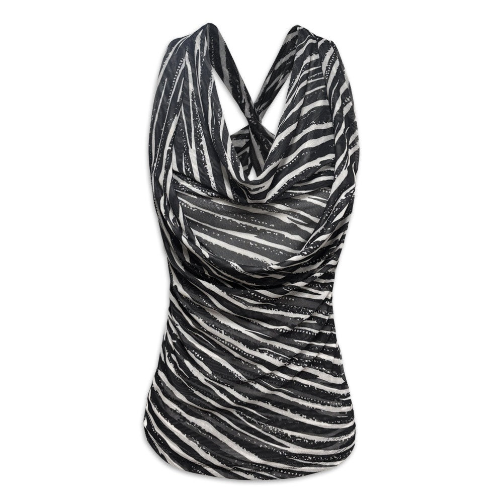 kvkv_Zebra_Mesh_Splice_Waist_Cinch_Scoop_Neck_Women&