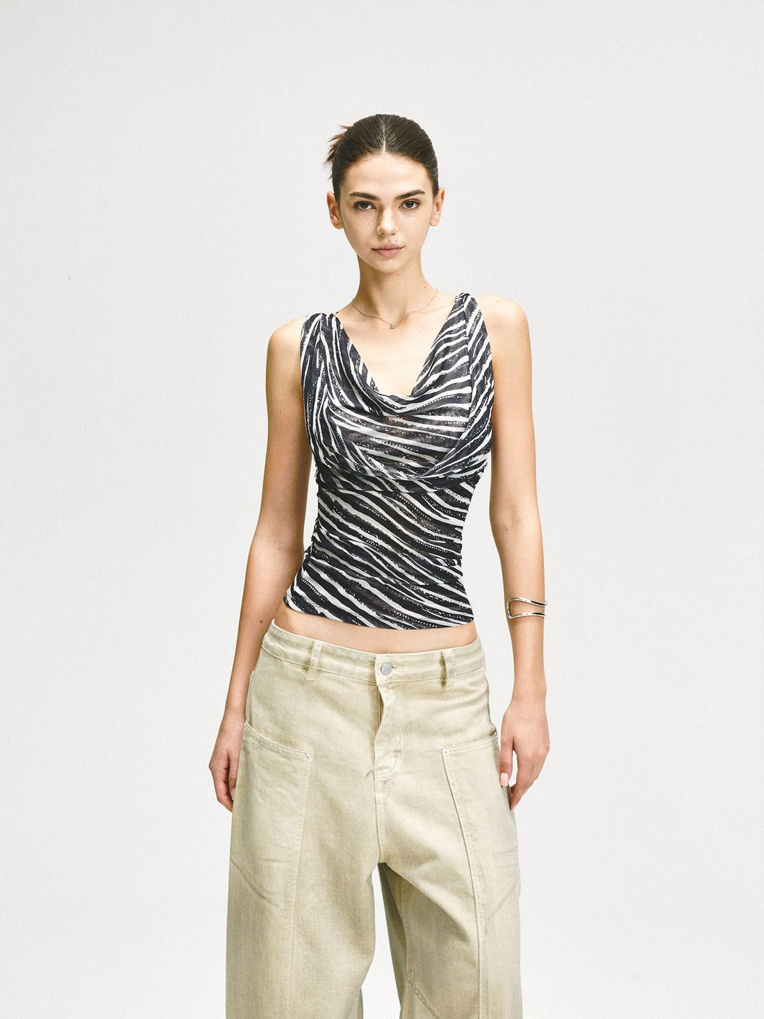 kvkv Zebra Mesh Splice Waist Cinch Scoop Neck Women&