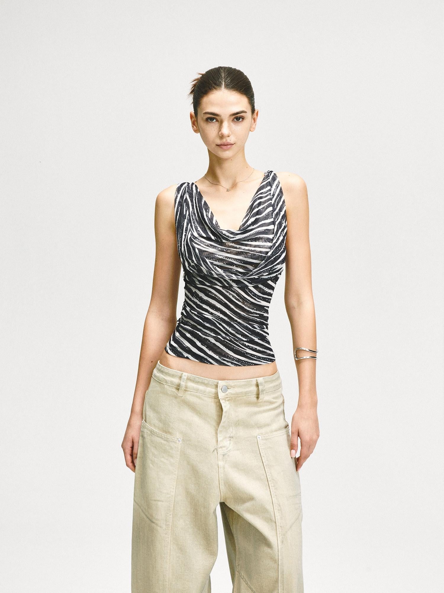 kvkv Zebra Mesh Splice Waist Cinch Scoop Neck Women&
