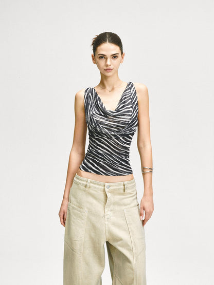 kvkv Zebra Mesh Splice Waist Cinch Scoop Neck Women&