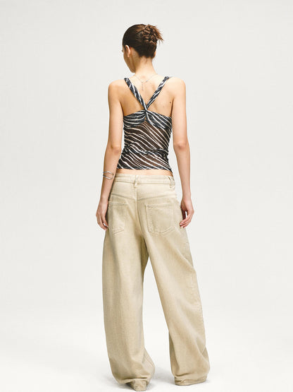 kvkv Zebra Mesh Splice Waist Cinch Scoop Neck Women&