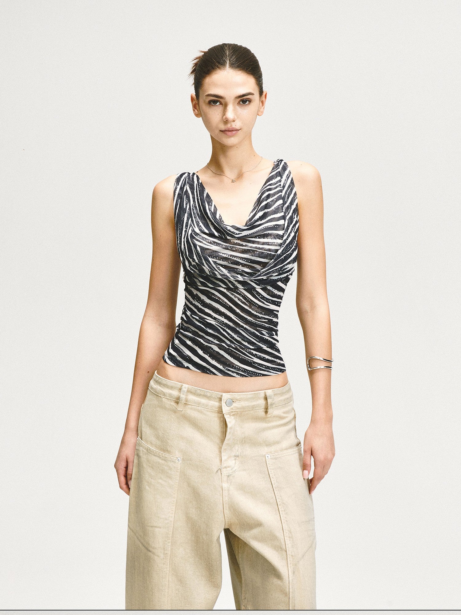 kvkv Zebra Mesh Splice Waist Cinch Scoop Neck Women&