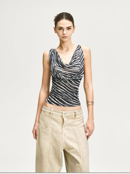 kvkv Zebra Mesh Splice Waist Cinch Scoop Neck Women&