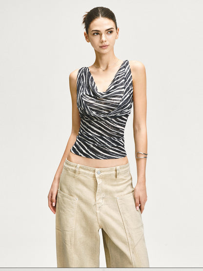 kvkv Zebra Mesh Splice Waist Cinch Scoop Neck Women&
