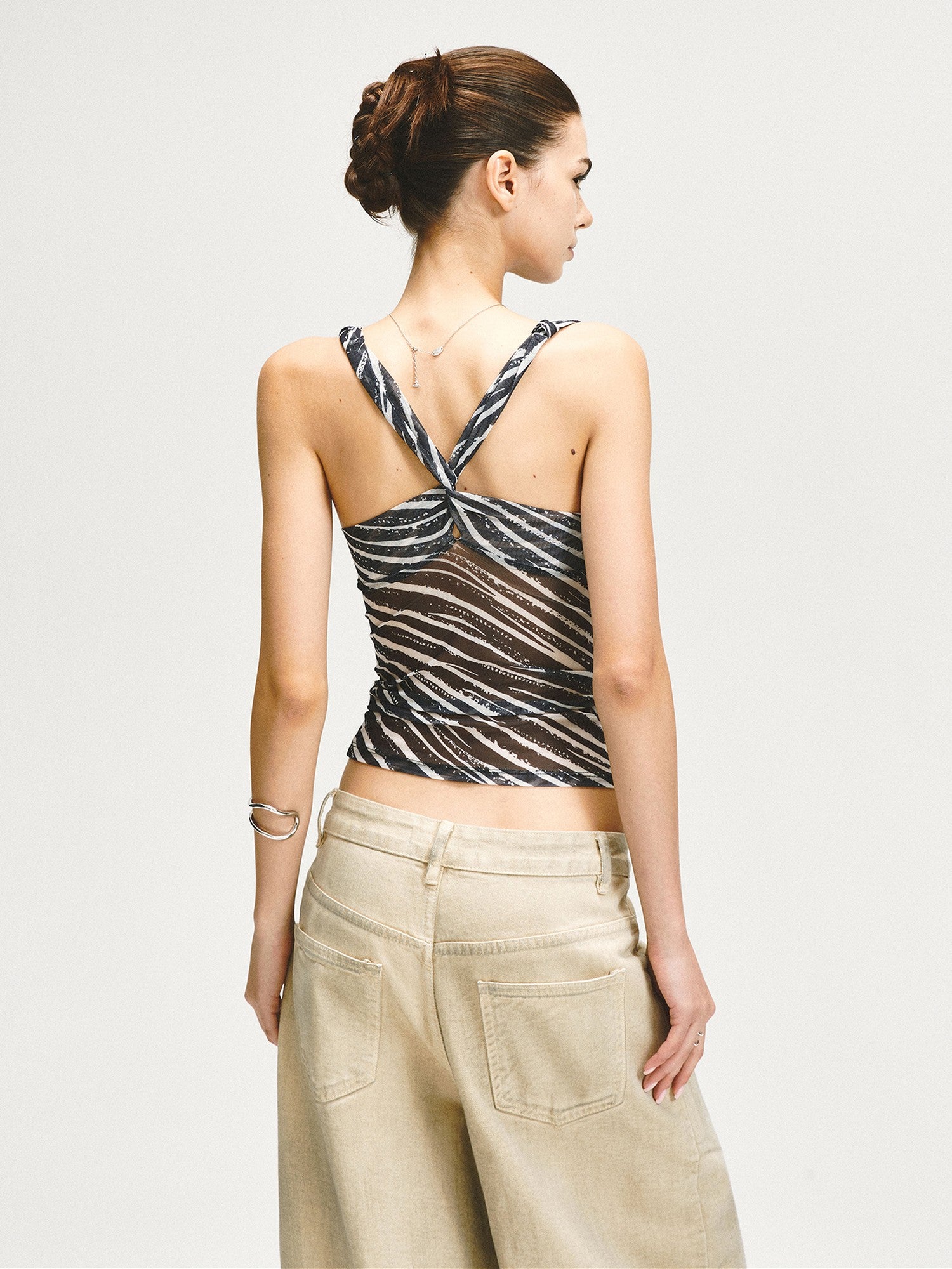 kvkv Zebra Mesh Splice Waist Cinch Scoop Neck Women&