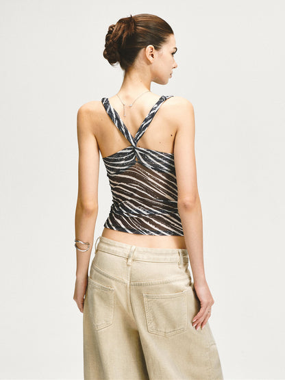 kvkv Zebra Mesh Splice Waist Cinch Scoop Neck Women&