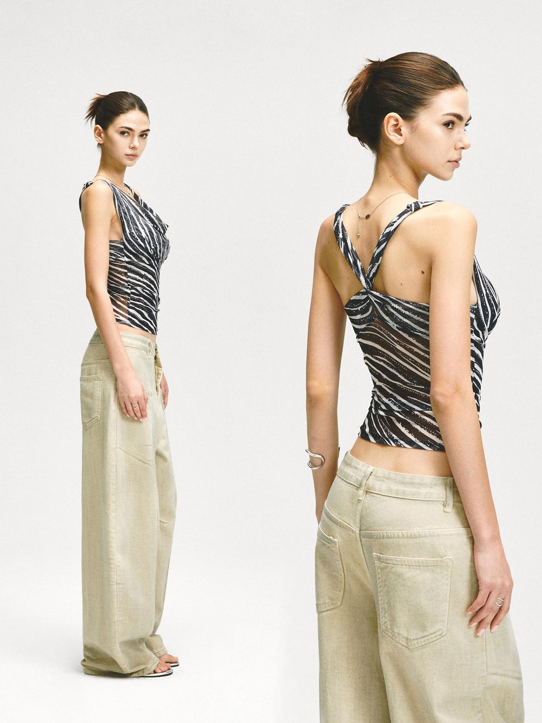 kvkv Zebra Mesh Splice Waist Cinch Scoop Neck Women&