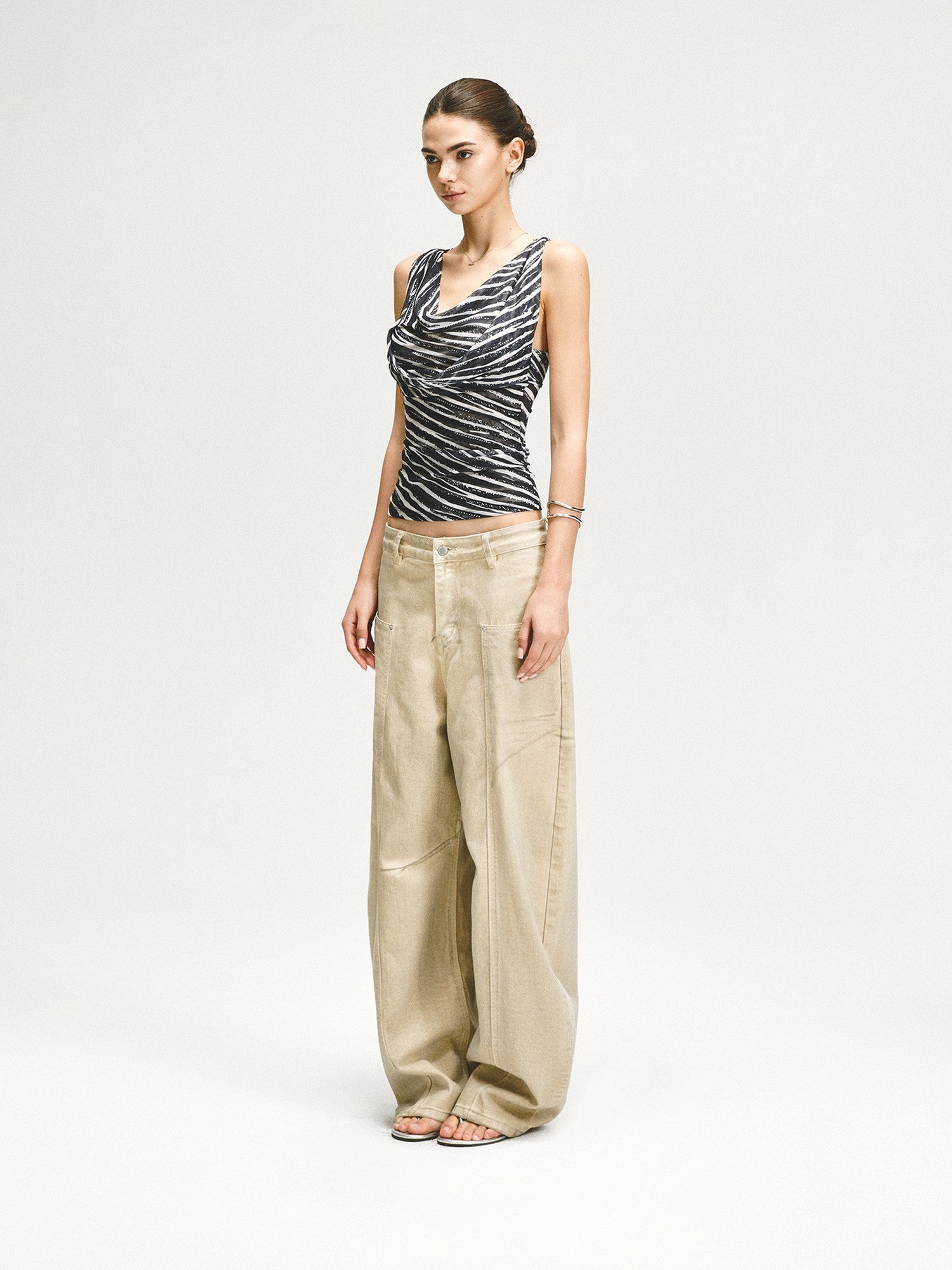 kvkv Zebra Mesh Splice Waist Cinch Scoop Neck Women&