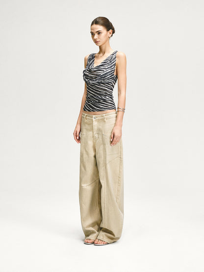 kvkv Zebra Mesh Splice Waist Cinch Scoop Neck Women&