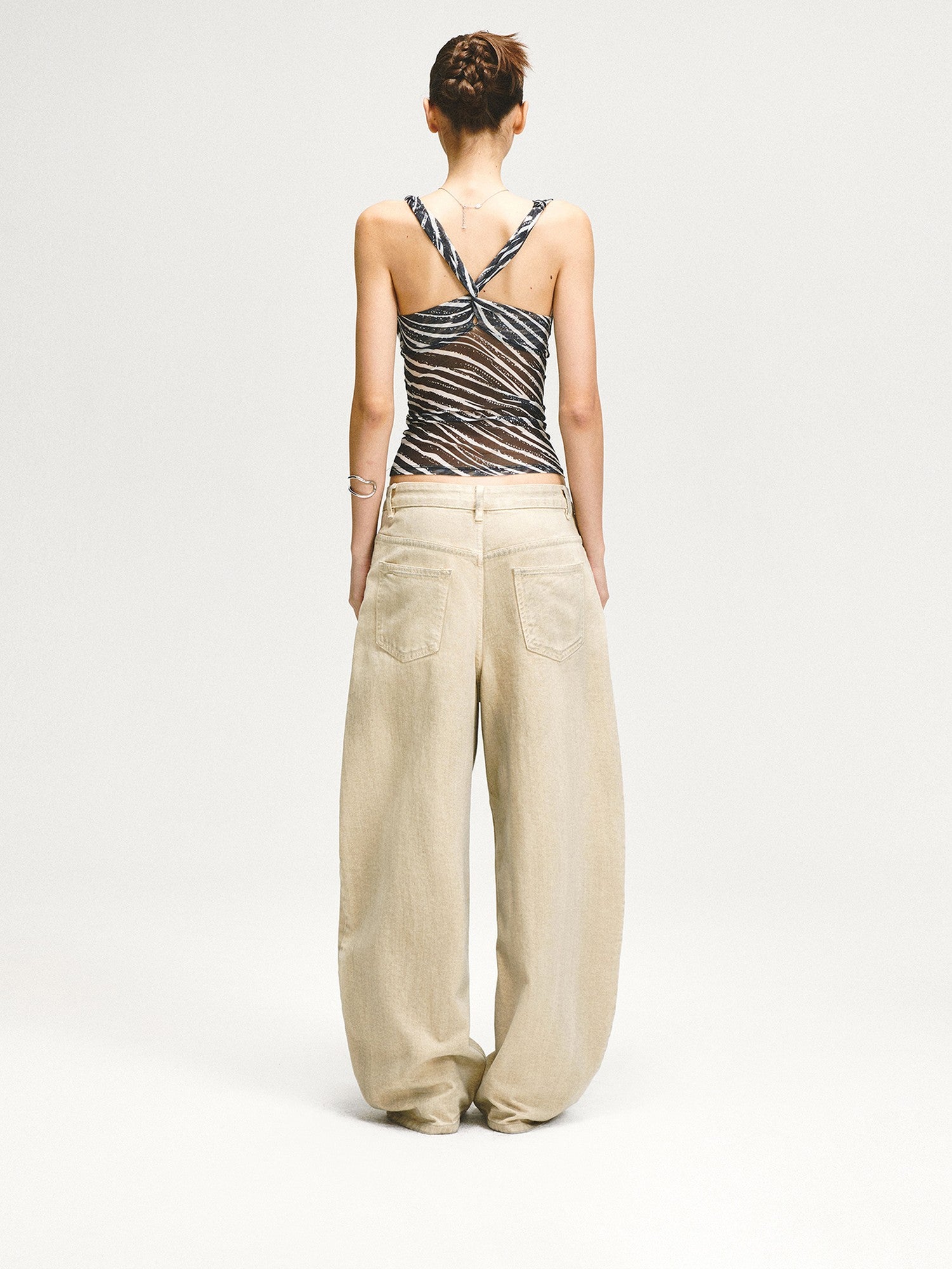 kvkv Zebra Mesh Splice Waist Cinch Scoop Neck Women&