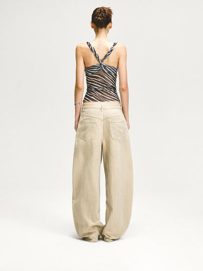 kvkv Zebra Mesh Splice Waist Cinch Scoop Neck Women&