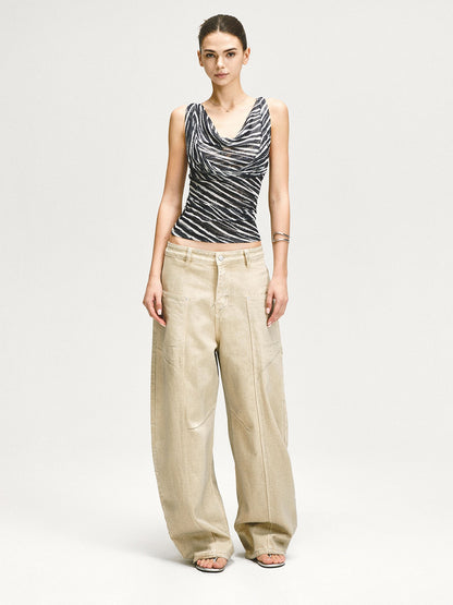 kvkv Zebra Mesh Splice Waist Cinch Scoop Neck Women&