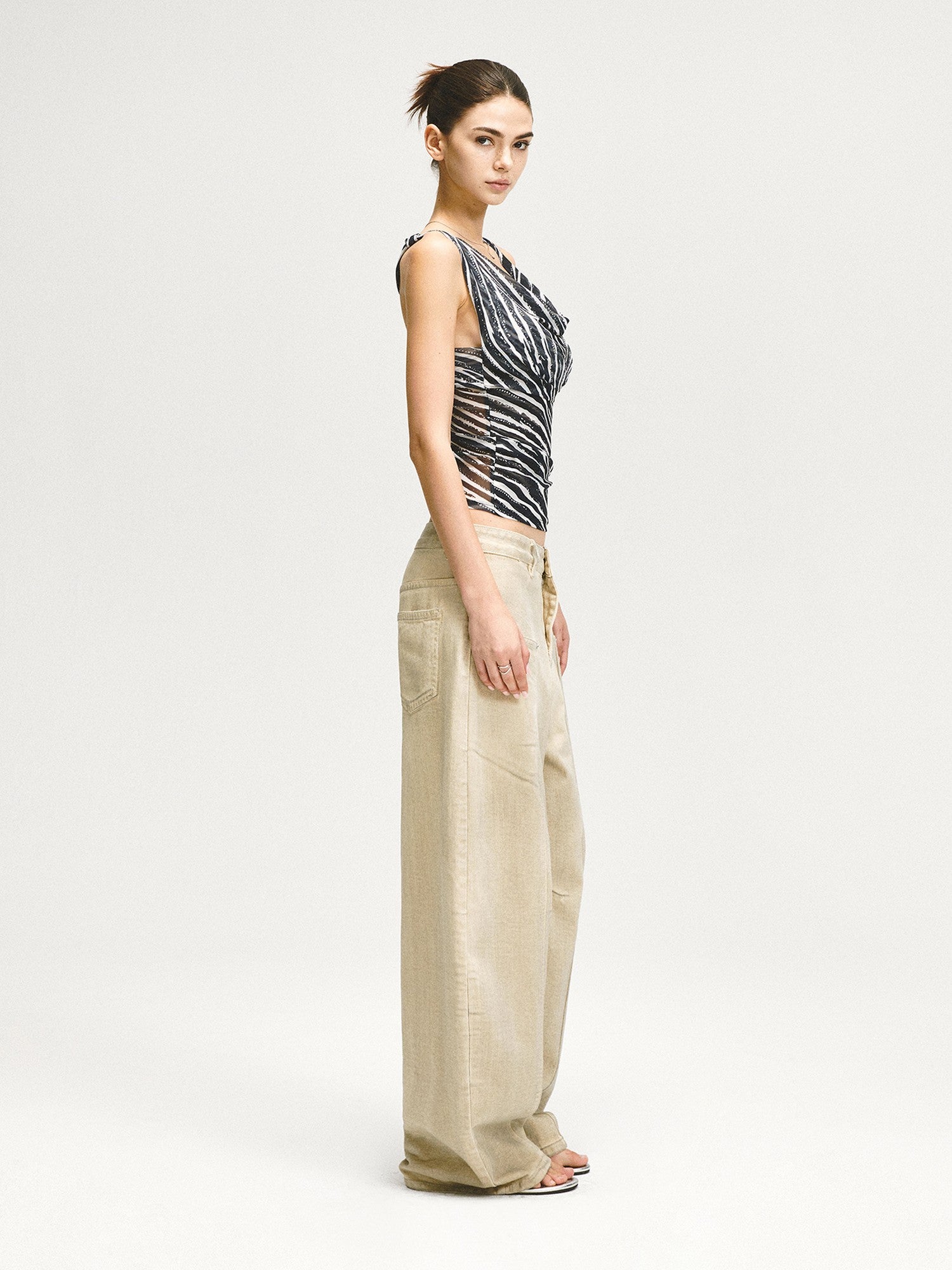 kvkv Zebra Mesh Splice Waist Cinch Scoop Neck Women&