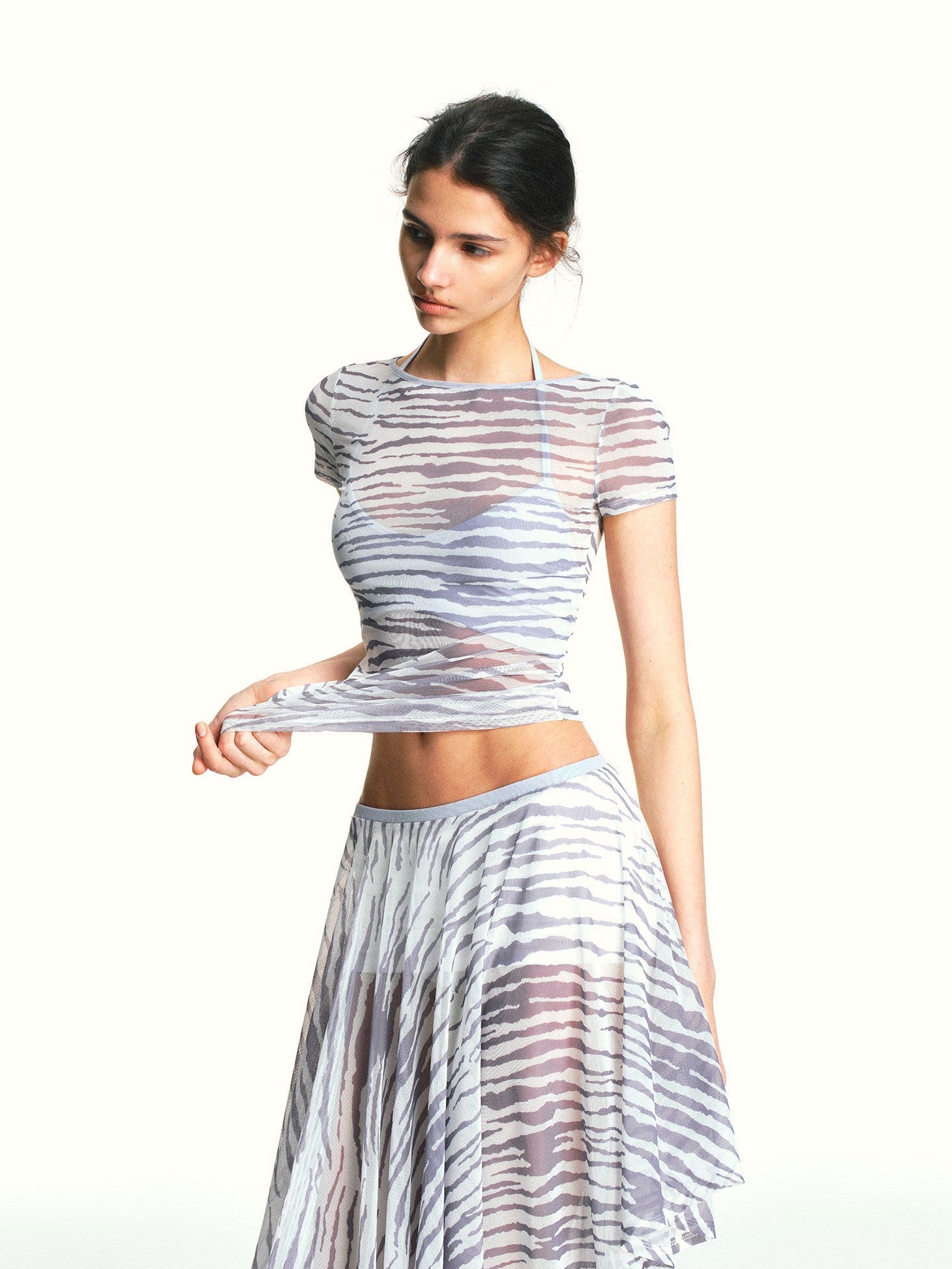 kvkv Zebra Print Sheer Contrast Halter Tie Women&