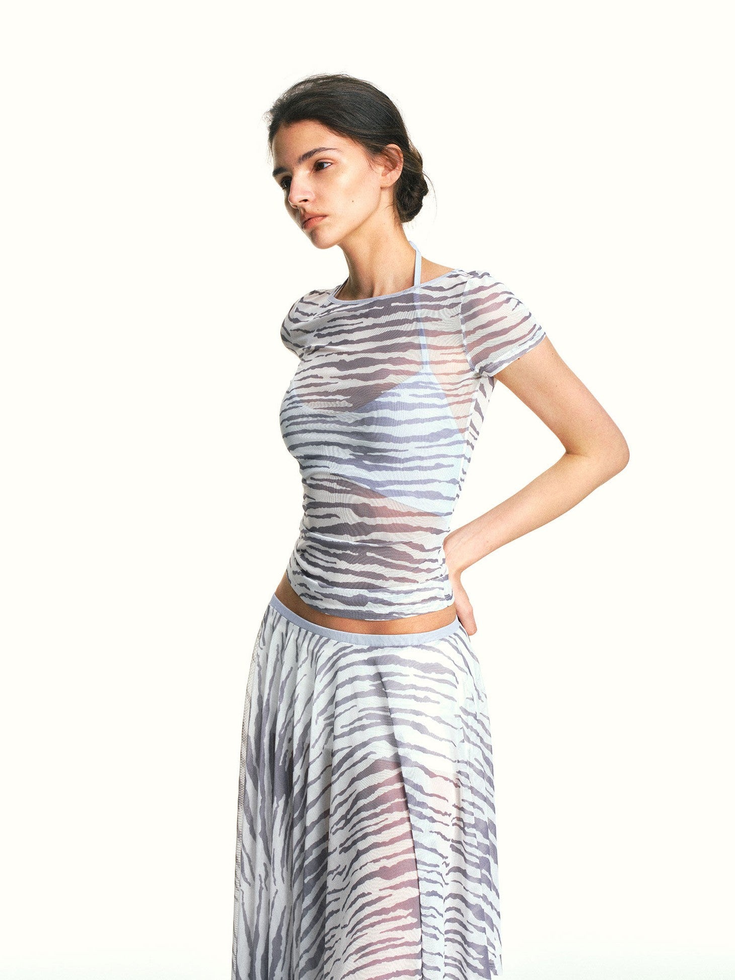 kvkv Zebra Print Sheer Contrast Halter Tie Women&