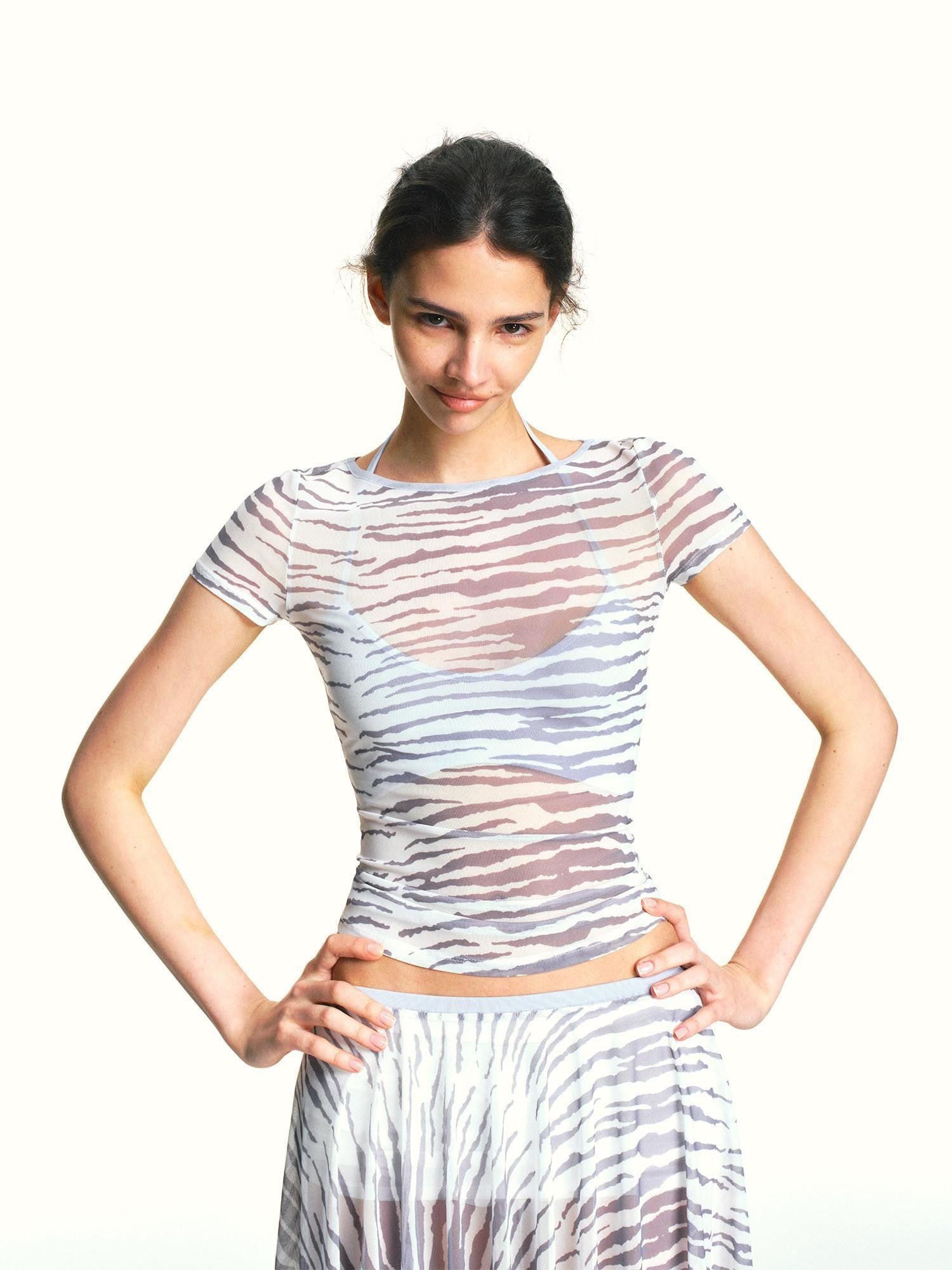 kvkv Zebra Print Sheer Contrast Halter Tie Women&