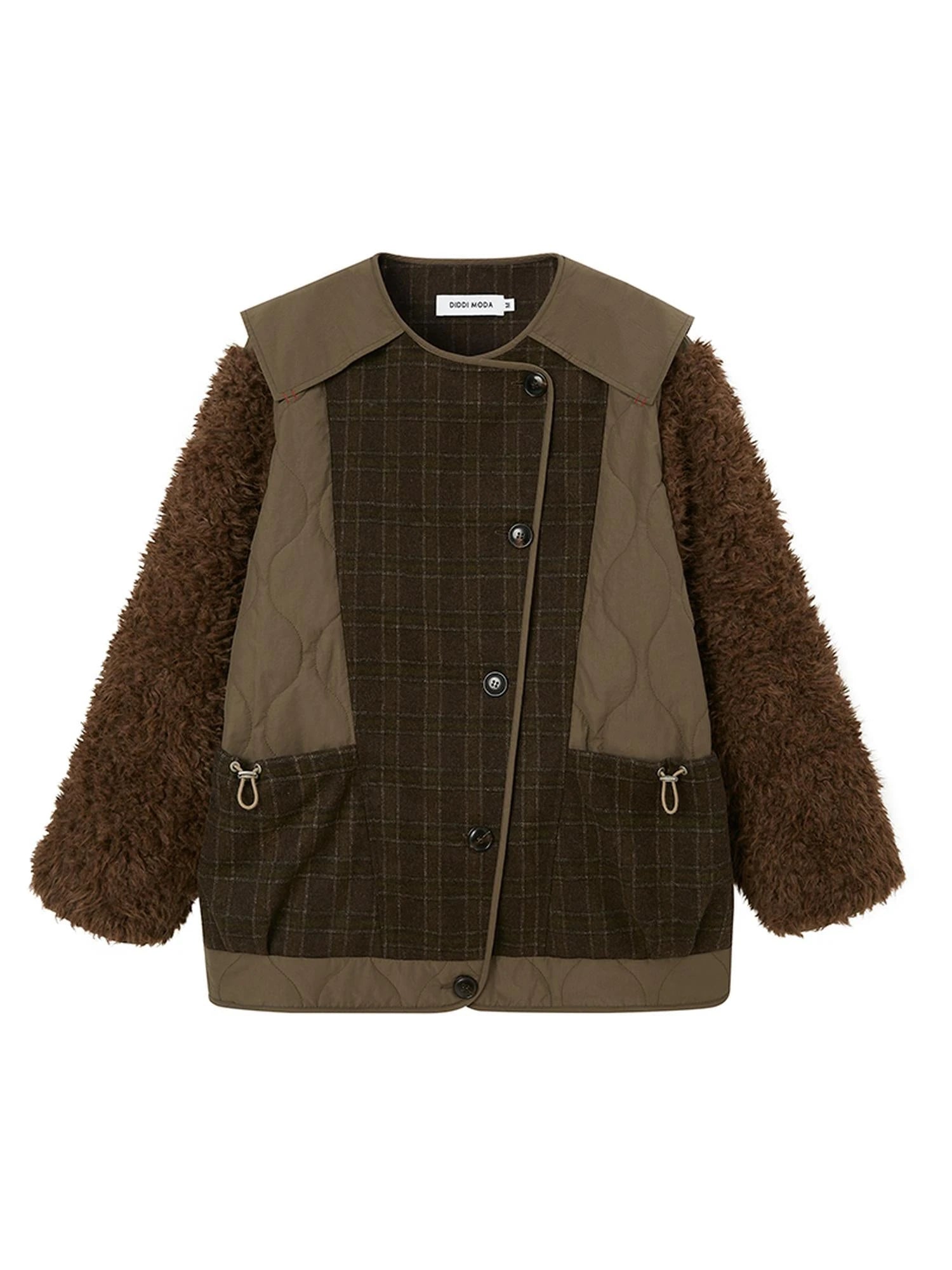 Patchwork Quilted Check Coat With Furry Oversized Sleeves