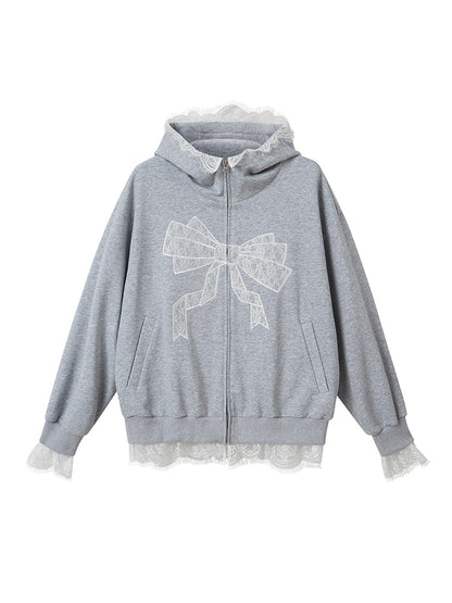 DIDDI MODA Lace Bow Gray Hoodie Sweatshirt Casual Oversized Top