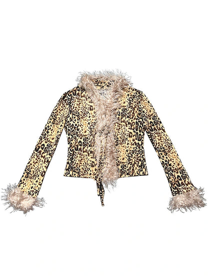 Retro Leopard Print Knit Stretchy Tie-Up Top Jacket