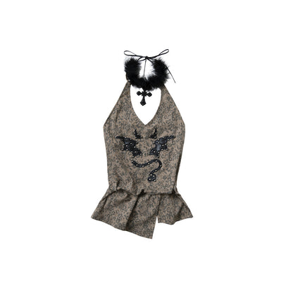 NO ROMANCE禁忌浪漫 Punk Rock Spiked Devil Embroidery Leopard Print Halter Vest Top