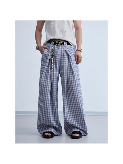 Pleated Plaid Wide Leg Pants Unisex Relaxed Fit Retro Trousers