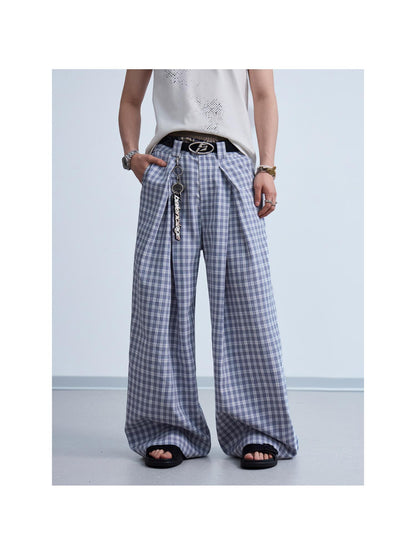 Peoplesense Pleated Plaid Wide Leg Pants Unisex Relaxed Fit Retro Trousers